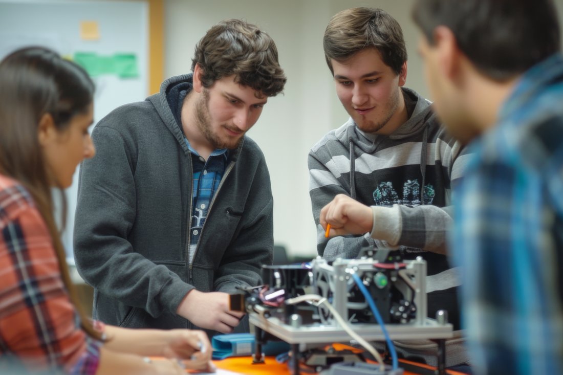 Czworo studentów wspólnie składa i programuje robota w pracowni